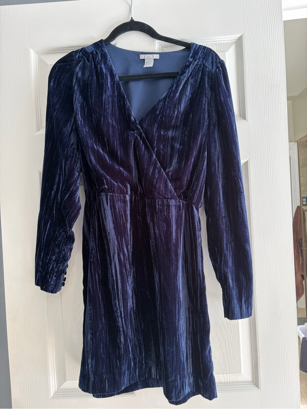 H&M Deep Navy Crushed Velvet Long-Sleeve Wrap Dress